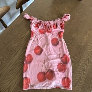 Pink Off-Shoulder Cherry Print Dress